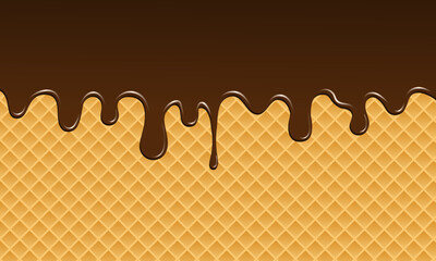 A waffle background with streaks of thick chocolate, creating an appetizing and delicious effect. Ideal for a dessert or sweets advertising background