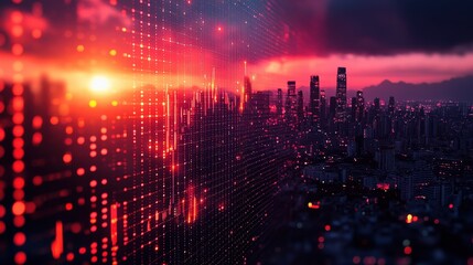 Vibrant city skyline at sunset with digital data visualization overlaying urban landscape