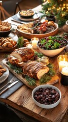 Holiday-inspired meal arrangement on rustic table with candlelight cozy atmosphere overhead shot for festive dining experience