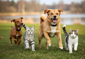 Cute and funny dog and cat group happily running and jumping in a field with a blurred background