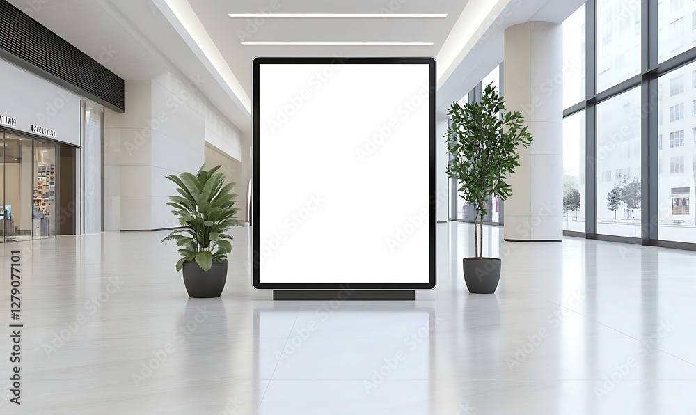 Poster A vertical touchscreen kiosk featuring a blank white display for customizable use.