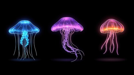 Ethereal Jellyfish Trio with Vibrant Colors and Glowing Effects on Black Background