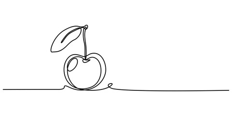 Cherry minimalistic design. Hand drawn sketch, Cherry outline icon. Continuous one line drawing. Vector illustration isolated on white background, Red cherry fruit illustration with continuous line. 