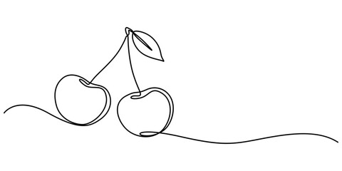 Cherry minimalistic design. Hand drawn sketch, Cherry outline icon. Continuous one line drawing. Vector illustration isolated on white background, Red cherry fruit illustration with continuous line. 