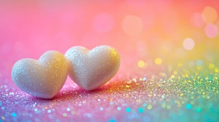 Obraz premium Two White Sparkling Hearts on Pastel Glitter Background