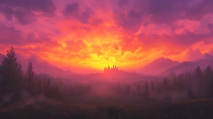 Obraz premium A vibrant anime-style sunset over a fantasy castle, perfect for imaginative and artistic visuals.