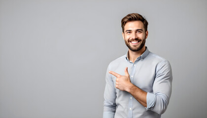 A smiling guy pointing left in a casual studio setting