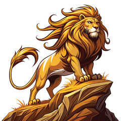 Majestic lion with flowing mane standing proudly atop a rugged rock, powerful pose, dramatic lighting.
