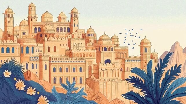 Cultural elements of Rajasthan, including Kachhi Ghodi folk dance, highlighted in art.