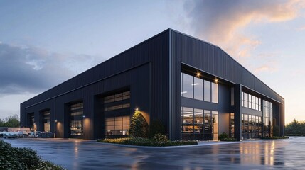 Fototapeta premium Modern warehouse featuring a compact office unit.