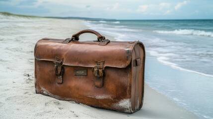 A brown leather briefcase rests on the sandy beach, contrasting with the natural surroundings and suggesting a blend of business and leisure.