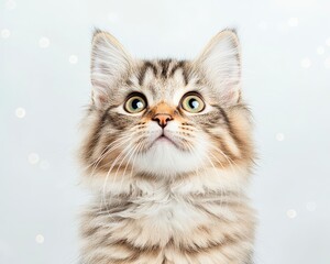 Fototapeta premium Fluffy tabby kitten with wide eyes, looking curiously at the camera against a soft, light background with subtle snow-like elements.