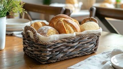 A rustic bread basket on a table with a selection of different breads for sharing.