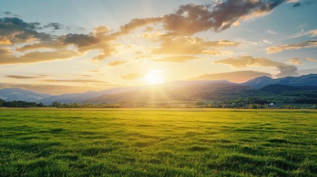 Sunrise over a grassy field in the mountains