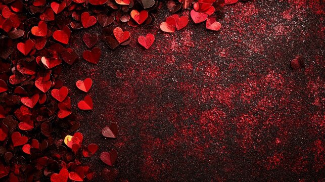 Red hearts scattered on a dark glitter background
