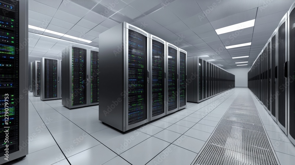 Poster implementing advanced technology in a modern server room data center digital infrastructure high-tec