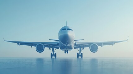 Obraz premium Airplane descends onto a runway beneath a clear blue sky, capturing the moment of landing in a serene and vibrant setting.