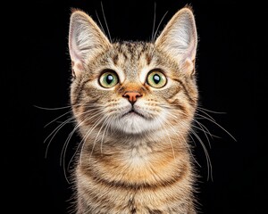 Obraz premium Close-up of a curious cat with striking green eyes against a black background, showcasing its detailed fur and adorable expression.