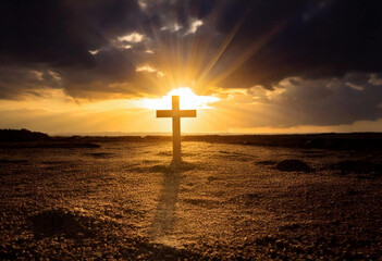 A dark cloudy sky with golden rays breaking through, forming a subtle cross in the clouds.