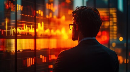 Business professional analyzing financial data trends on a digital screen in a modern office