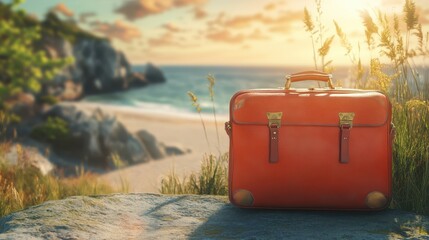 A red suitcase rests on a rocky surface by the ocean, creating a striking contrast against the natural landscape and calm waters.