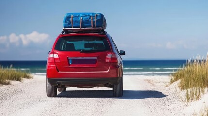 Fototapeta premium A red car with luggage on the roof travels down a rugged dirt road, showcasing adventure and exploration in a natural setting.