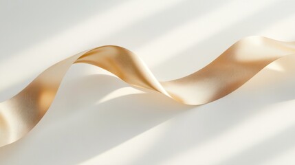 Fototapeta premium Elegant beige ribbon swirls, sunlight, white background, product display