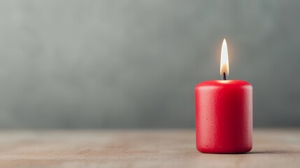 Lit red candle on wood, grey background, peace