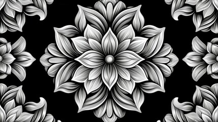 Elegant Monochrome Floral Pattern with Intricate Leaf Designs on Dark Background