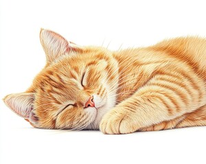 A peaceful orange cat sleeps comfortably on a white surface, showcasing its soft fur and relaxed demeanor.