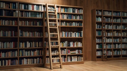 Ladder Leaning Against Bookcases in a Library with Rows of Books Arranged on Wooden Shelves in Brown Interior