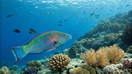 Vibrant Colorful Fish Swimming Among Coral Reefs in a Clear Blue Ocean Scene with Sunlight Rays