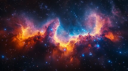 Fototapeta premium Vibrant nebula with orange and blue hues, cosmic dust and stars.