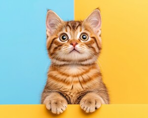 Obraz premium A cute tabby kitten peeks over a colorful background of blue and yellow, showcasing its big eyes and playful demeanor.