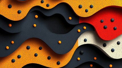 Colorful Abstract Wave Pattern with Dots on a Textured Background in Orange, Black, and Red