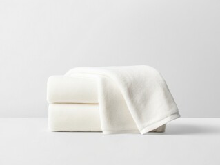 beach towel mockup. Soft white towels stacked neatly with a cozy texture, ideal for bathroom or spa settings, offering a sense of comfort and cleanliness.