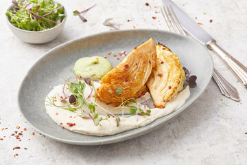Roast Cabbage Wedges with Bean Puree and Coriander