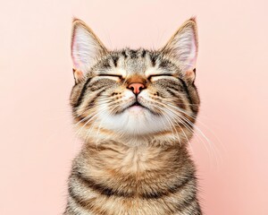Obraz premium A close-up of a contented tabby cat with closed eyes, resting against a soft pink background, showcasing its peaceful demeanor.