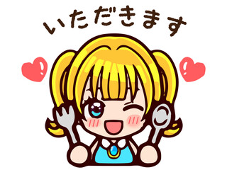 ご飯を食べるかわいいツインテールの女の子ちびキャラのイラスト素材