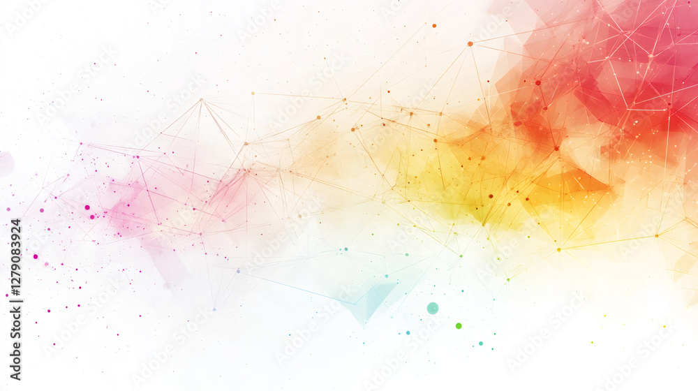 Poster Network connection lines and dots forming a network with colorful watercolor stains on white background