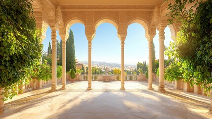 Obraz premium Beautiful architectural arches surrounded by lush greenery, offering a stunning view of the landscape bathed in warm sunlight.