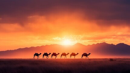 Fototapeta premium Silhouetted camels walk across a desert at sunset, creating a serene and picturesque scene with vibrant colors and mountain backdrop.