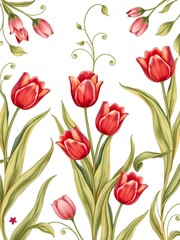 Obraz premium Tulips Seamless Floral Pattern with Red Flowers