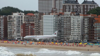 A plane soars above a scenic beach, capturing the essence of travel and leisure in a vibrant coastal landscape.