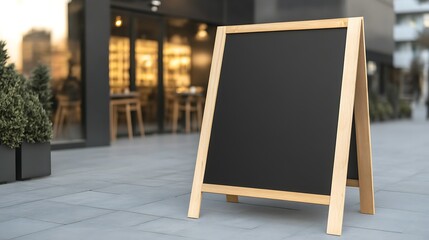 A wooden A-frame sidewalk board placed in front of a cozy establishment, ideal for inviting customers.