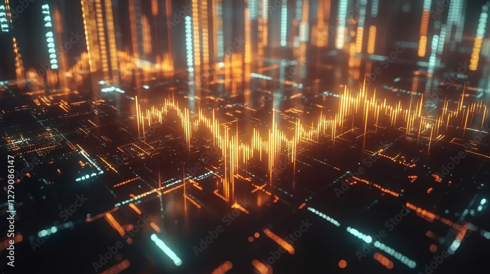 Poster digital soundwave glowing against sleek urban skyline, representing technological progression and in