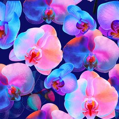 Seamless dark background with bright multi-colored flowers. Fantasy pattern of orchids with neon fluorescent effect