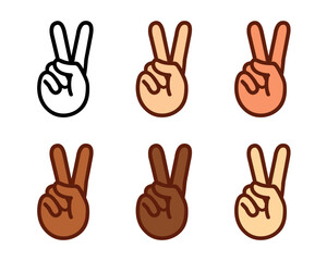 Cartoon victory hand gesture emoji icon in different skin colors