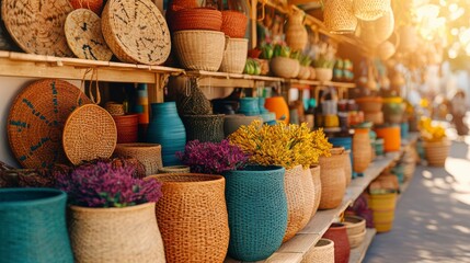 A vibrant display of colorful woven baskets and pots filled with flowers, showcasing artisanal craftsmanship in a sunlit marketplace.