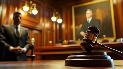 Justice Was Served in the Courtroom, Featuring the Gavel and a Portrait of a Judge